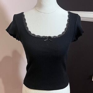 motel rocks black lace trim scoop neck bow top small
